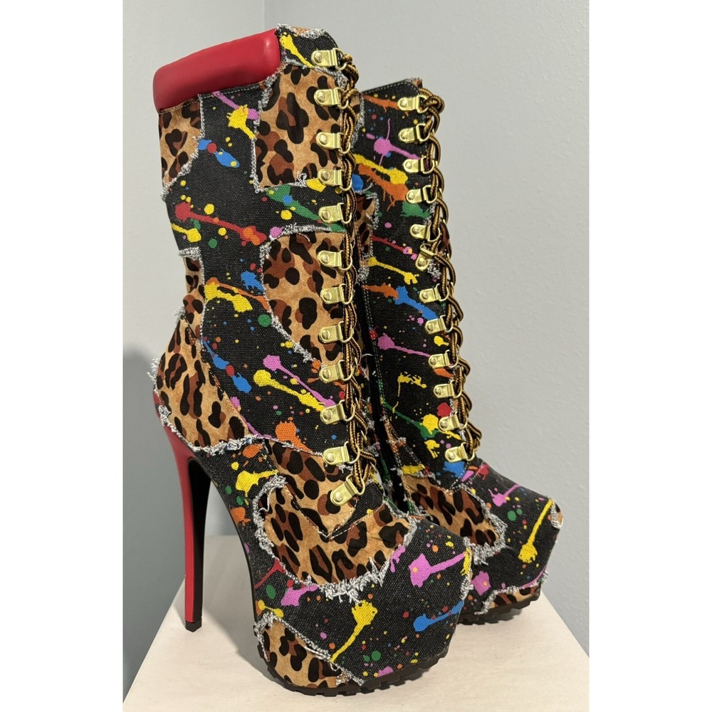 Alba Womens Printed D-Ring Lace Up Stiletto Pointy Mid Calf Platform Booties 7 - Picture 5 of 10